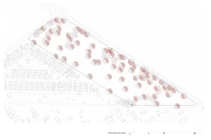 Plano general. Distribución de restos de poda reducida y sistema de plantación. Jardín del siglo XXI